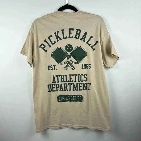 PICKLEBALL TEE SHIRT SZ M 100%COTTON STRANGE DAZE BEIGE /GREEN GRAPHICS SHORT SL - Picture 4 of 5